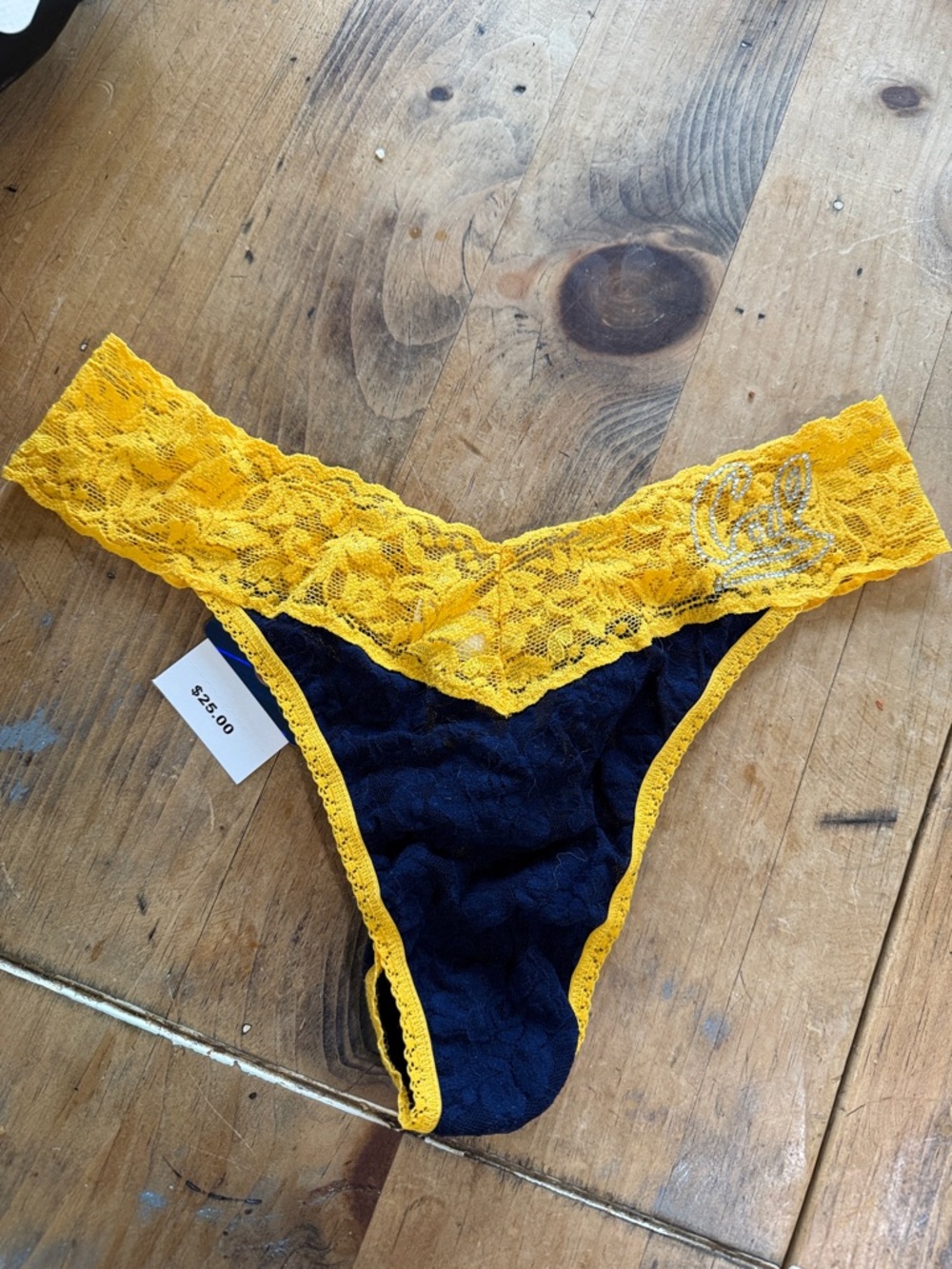 Hanky Panky Yellow Lace & Navy Blue Thong Panty-Univ of Cal Rhinestone Detail